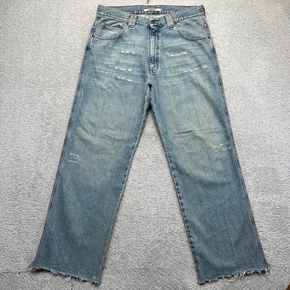 Mavi Jeans Mens 34x32(35x30) MAX Wide Leg‎ Blue Denim Distressed Baggy Raw Hem